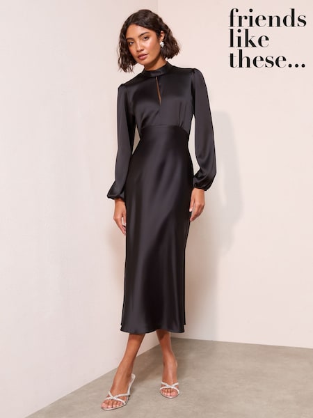 Friends Like These Black Satin Long Puff Sleeve High Neck Midi Dress (H23911) | €69