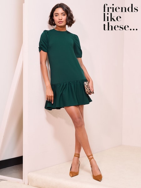 Friends Like These Green Scuba Ruched Sleeve Pep Hem Mini Dress (H23913) | €50