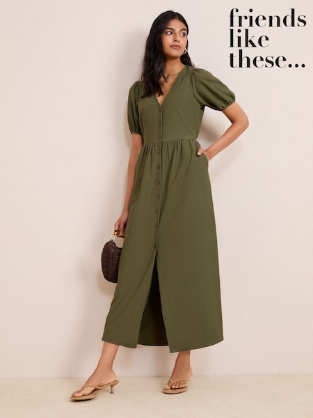 Колір хакі - Friends Like These Textured Jersey Puff Sleeve V-Neck Button Midi Dress (H23915) | 2 523 грн