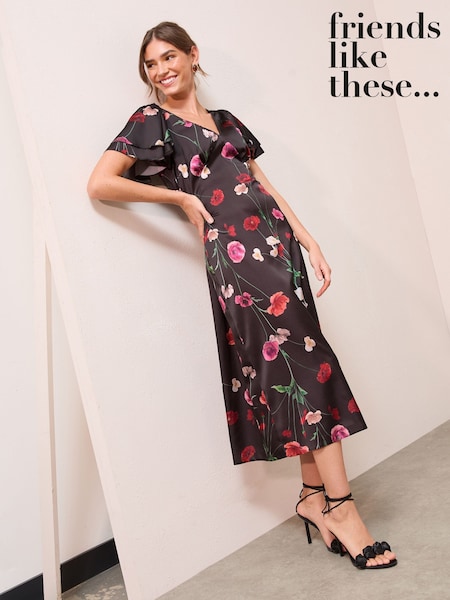 Friends Like These Black Floral Satin V-Neck Ruffle Sleeve Midi Dress (H23930) | €80