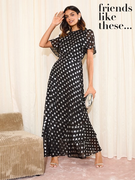Friends Like These Black and Silver Foil Spot Short Sleeve Chiffon Tiered Maxi Dress (H23933) | OMR36