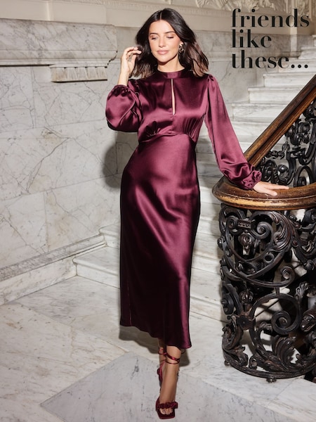 Friends Like These Aubergine Purple Satin Long Puff Sleeve High Neck Midi Dress (H23946) | €69