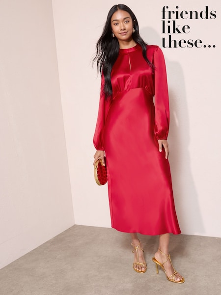 Friends Like These Red Satin Long Puff Sleeve High Neck Midi Dress (H23947) | €69