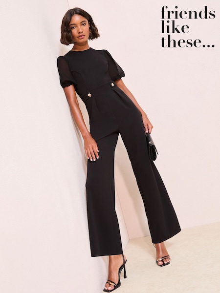 Friends Like These Black Chiffon Sleeve Scuba Button Waist Jumpsuit (H23953) | €77