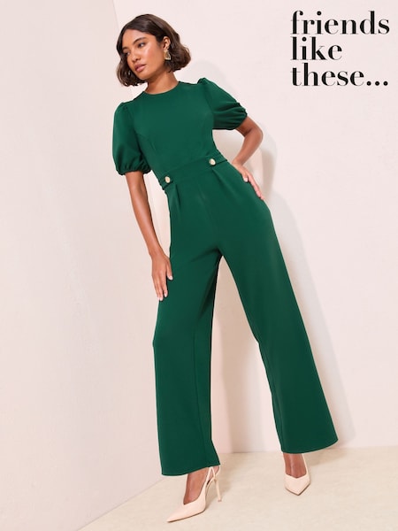 Friends Like These Bottle Green Chiffon Sleeve Scuba Button Waist Jumpsuit (H23955) | €77