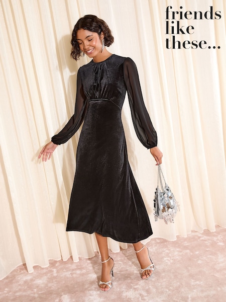 Friends Like These Black Velvet Chiffon Mix Midi Dress (H23956) | AED303