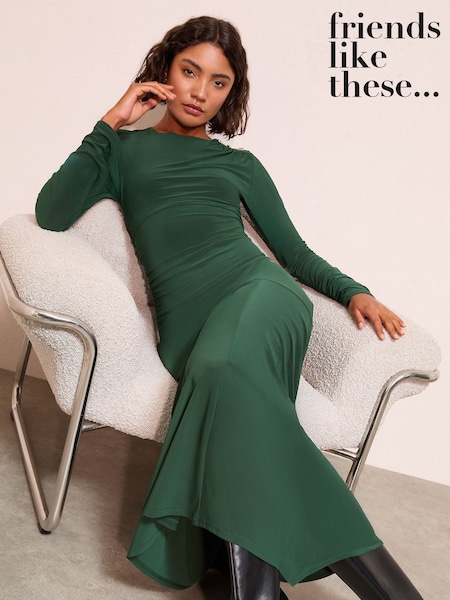 Friends Like These Green Long Sleeve Jersey Button Shoulder Midi Dress (H23958) | €65