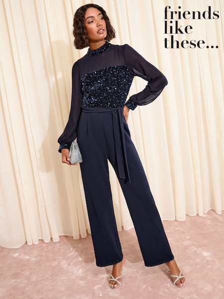 Friends Like These Navy Blue Petite Chiffon Scuba Sequin Wide Leg Jumpsuit (H23992) | €75