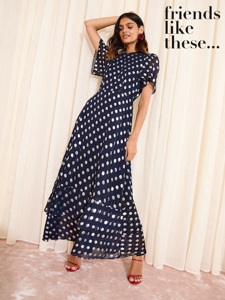 Friends Like These X Lucy Mecklenburgh Navy Petite Foil Spot Short Sleeve Chiffon Tiered Maxi Dress (H23998) | 322 QAR
