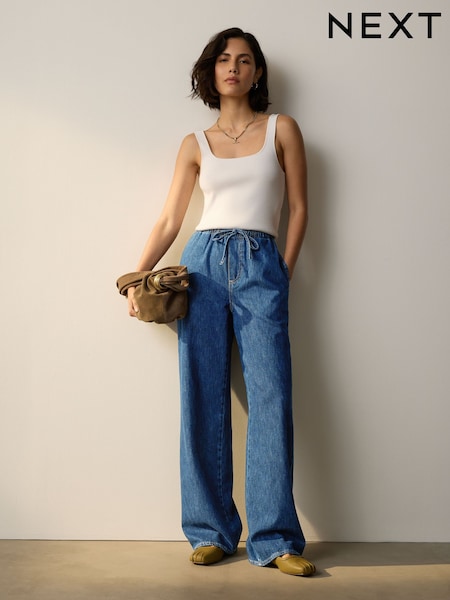 Mid Blue Denim Wide Leg Pull On Drawcord Jeans (H24007) | €43