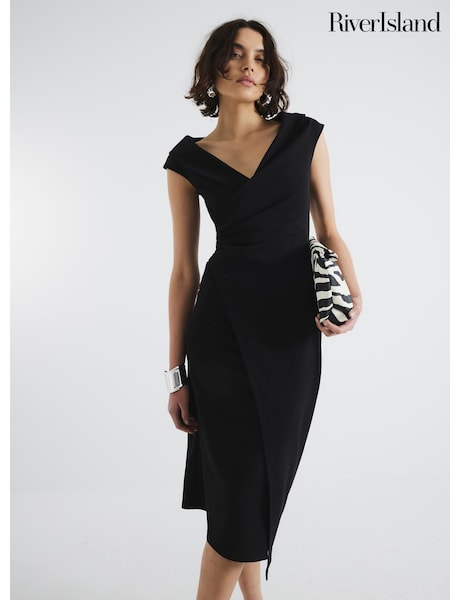 River Island Black Asymetric Wrap Midi Dress (H24101) | R$ 475
