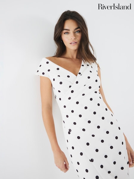 River Island Cream Polka Dot Asymetric Wrap Midi Dress (H24105) | 307 QAR