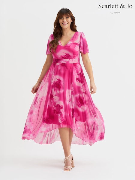 Scarlett & Jo Pink Tilly  Wine Rose Print Angel Sleeve Sweetheart Dress (H24113) | 445 QAR