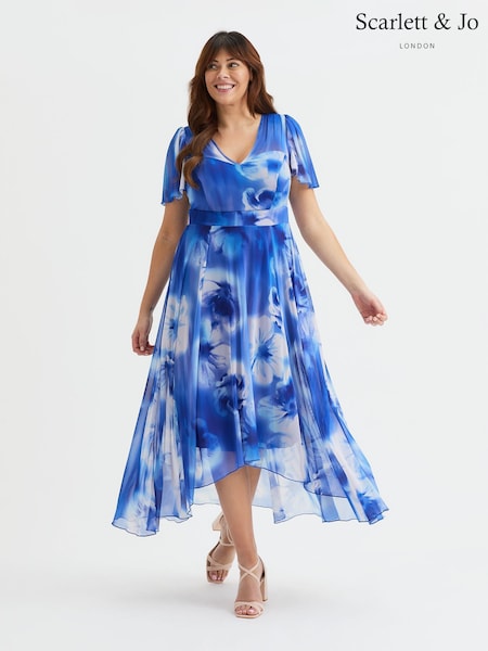Scarlett & Jo Blue Tilly  Wine Rose Print Angel Sleeve Sweetheart Dress (H24114) | 445 QAR