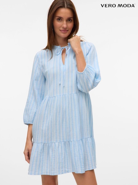 VERO MODA Blue Striped Tiered Short Tie Neck Dress (H24121) | €48