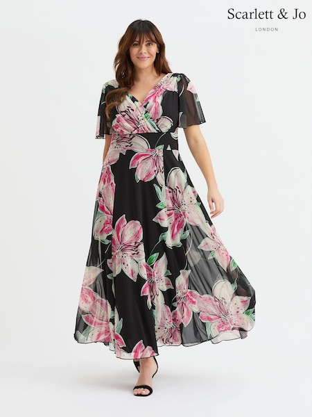 Scarlett & Jo Black/Pink Flower Isabelle Float Sleeve Maxi Dress (H24122) | €121