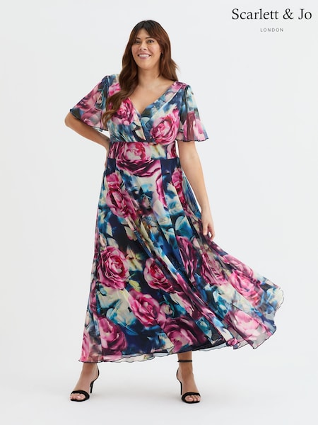 Scarlett & Jo Blue/Pink Rose Isabelle Float Sleeve Maxi Dress (H24126) | $166