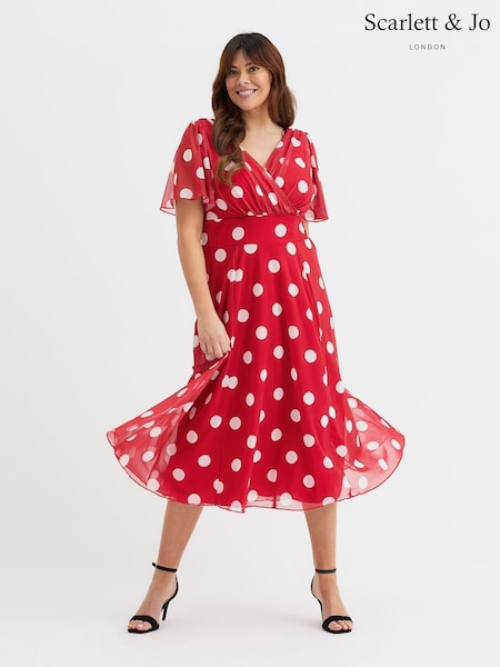 Scarlett & Jo Red White Polka Dot Victoria Angel Sleeve Mesh Midi long Dress (H24131) | 421 QAR