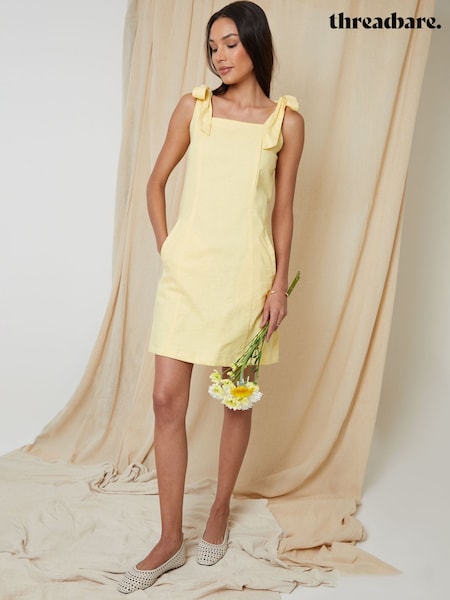 Žlutá - Threadbare Tie Strap Linen Blend Mini Shift Summer Dress (H24193) | 1 350 Kč