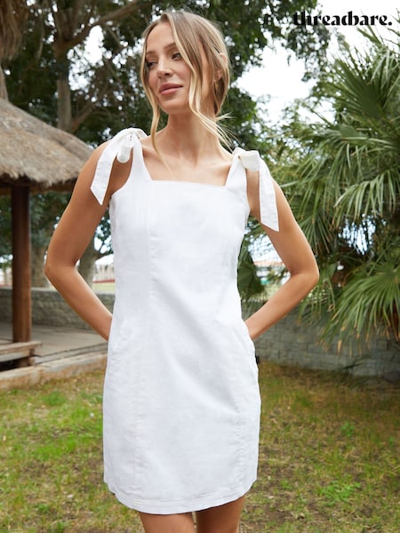 Threadbare White Tie Strap Linen Blend Mini Shift Dress (H24200) | $70
