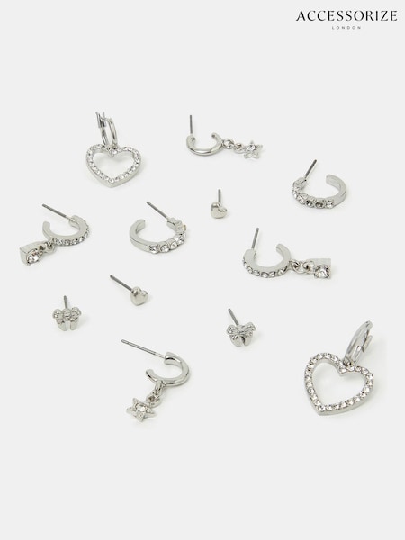 Accessorize Silver Tone Pavé Heart Stud and Hoop Earrings 6 Pack (H24226) | €21.50
