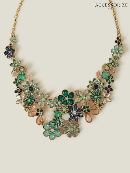 Accessorize Green Gem Flower Print Statement Necklace (H24267) | €37
