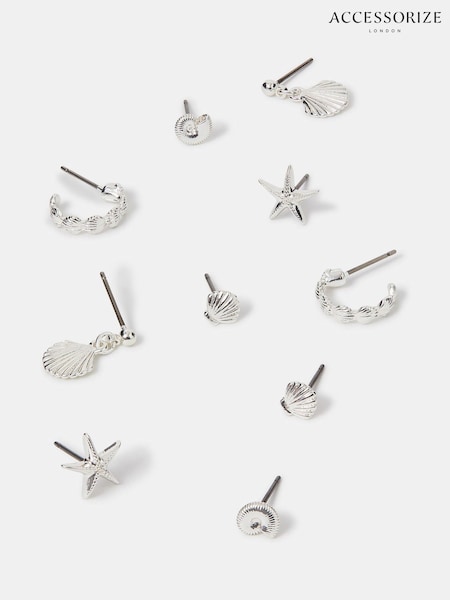 Accessorize Silver Tone Sterling Shell Earrings 5 Pack (H24283) | €25