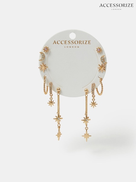 Accessorize Gold Tone Celestial Chain Stud and Hoop Earrings 6 Pack (H24290) | €21.50