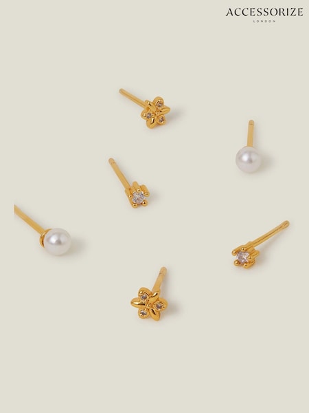 Accessorize 14ct Pearl Flower Stud Earrings 3 Pack (H24293) | € 24