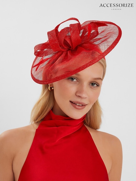 Accessorize Red Woven Bow Feather Disc Fascinator Hat (H24297) | €78