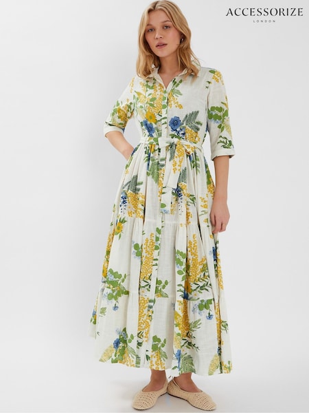 Accessorize Green Floral Print Maxi Shirt 100% Cotton Dress (H24298) | €80