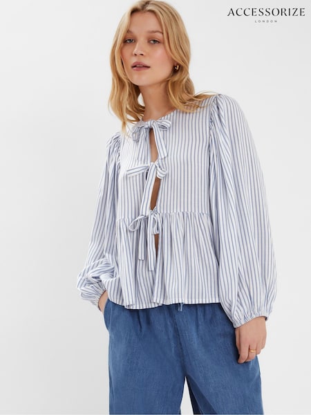 Accessorize Blue Stripe Tie-Front Blouse (H24301) | ₪226