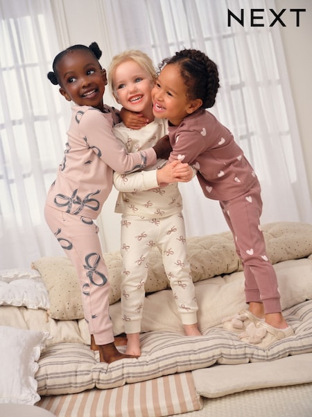Ecru/Brown Bow Print Snuggle Pyjamas 3 Pack (9mths-12yrs) (H24532) | $54 - $76