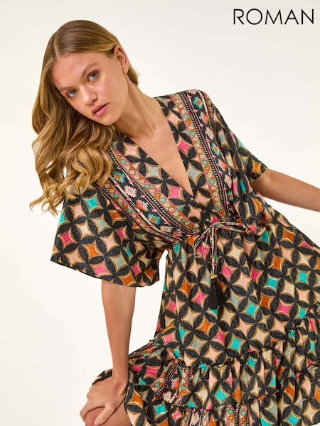 Roman Black Geometric Boho Print V-Neck Mini Dress (H24545) | €64