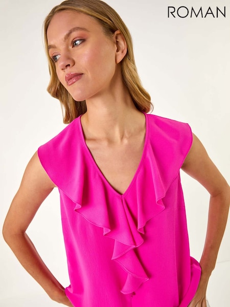 ורוד - Roman Ruffle V-Neck Vest Blouse (H24549) | ‏201‏₪