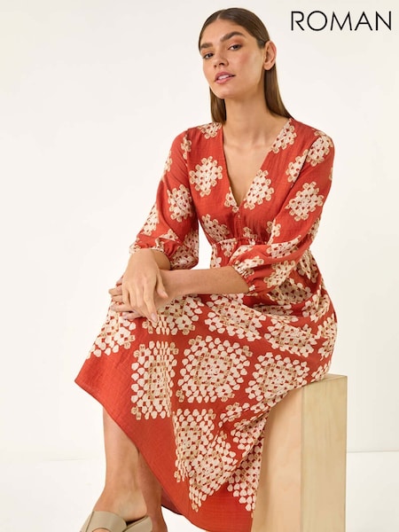 Roman Red Geo Print V-Neck Midi Dress (H24557) | €68