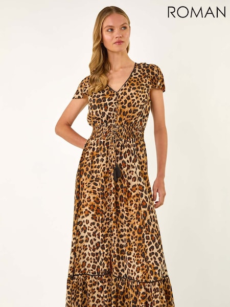 Roman Brown Animal Print Shirred Maxi Dress (H24560) | €78