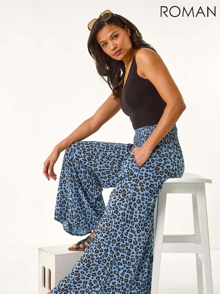 Roman Blue Animal Print Ruched Wide Leg Trousers (H24562) | €53