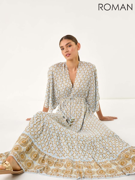 Roman Blue Shimmer Boho Border Maxi Dress (H24566) | €77