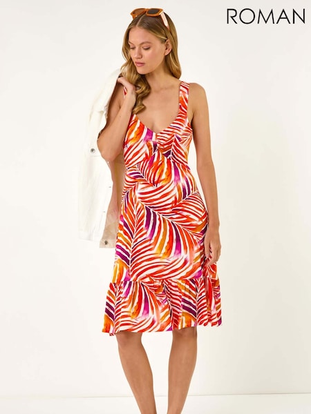 Roman Red Abstract Print V-Neck Frill Dress (H24570) | €56
