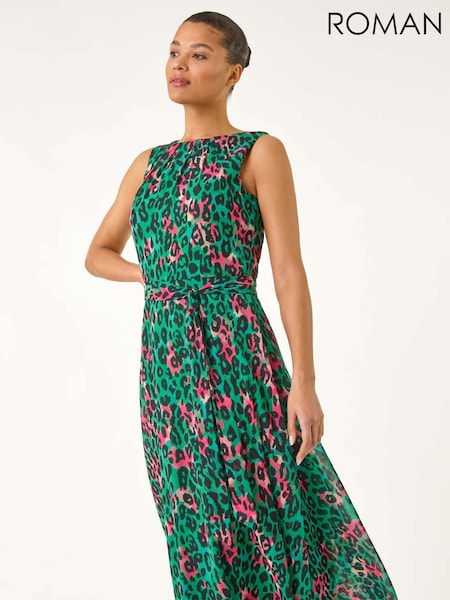 Roman Green Animal Print Pleated Midi Dress (H24571) | 340 QAR