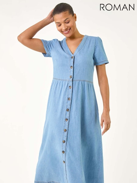 Roman Blue Denim Button Through Midi 100% Cottton Dress (H24584) | €69