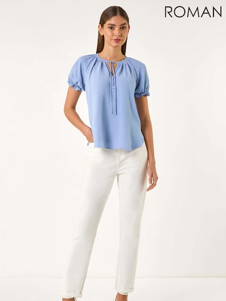 Albastru - Roman Shirred Tie Front Neck Blouse (H24586) | 238 LEI