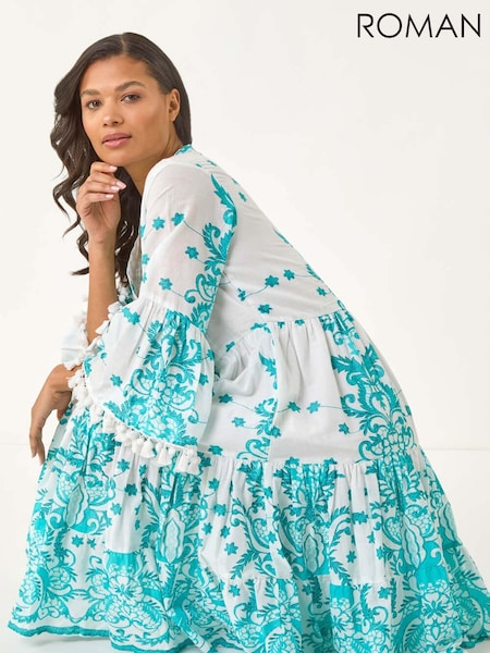 Roman Blue Embroidery Bead Detail Smock 100% Cotton Dress (H24587) | €78