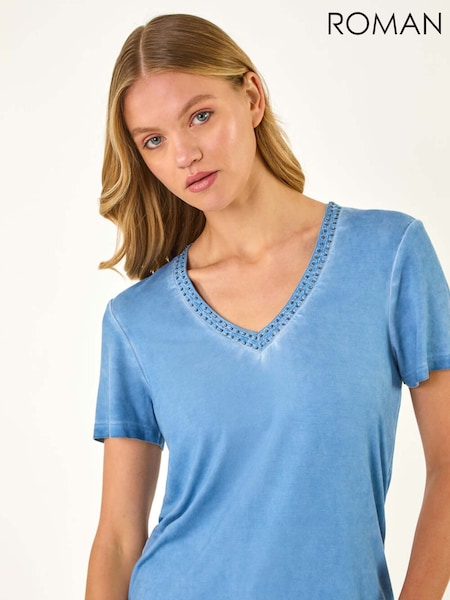 Roman Blue Bead Trim Detail V-Neck T-Shirt (H24589) | €40