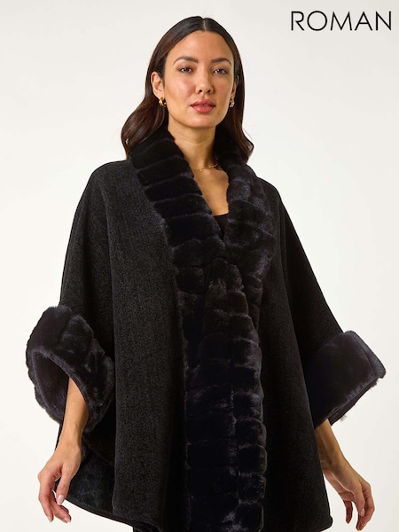 Roman Black Faux Fur Trim Knitted Poncho (H24591) | 3,485 UAH