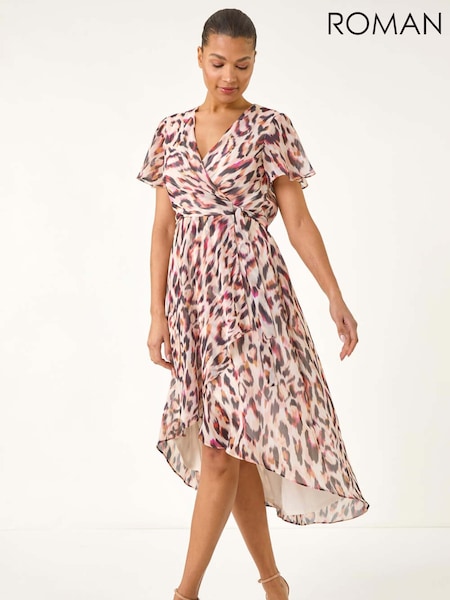 Roman Brown Leopard Ruffle Front Dress (H24594) | 322 QAR