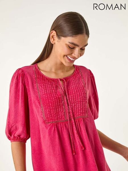 Roman Pink Pleated Tie Neck Top (H24598) | €47