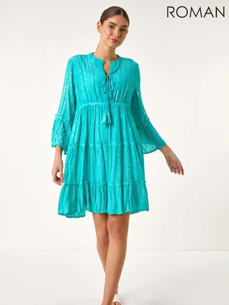 Roman Blue Shimmer Tie Detail Smock Dress (H24605) | €79