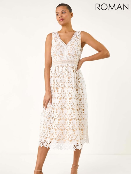 Roman White Lace Overlay V-Neck Midi Dress (H24606) | 495 QAR